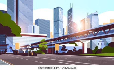 highway road to city skyline with modern skyscrapers and subway cityscape sunrise background flat horizontal