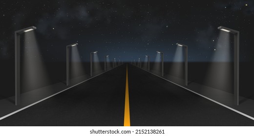 Highway road or city street with street lights at night. Vector realistic illustration of landscape with straight black asphalt road, modern led lanterns and stars in dark sky