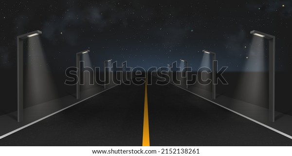 Highway road or city\
street with street lights at night. Vector realistic illustration\
of landscape with straight black asphalt road, modern led lanterns\
and stars in dark sky