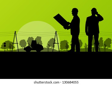 Highway road construction site roadwork landscape with engineers in countryside forest nature illustration background vector