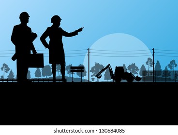 Highway road construction site roadwork landscape with engineers in countryside forest nature illustration background vector