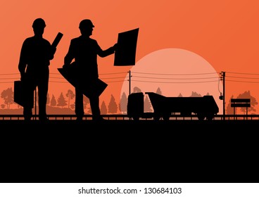 Highway road construction site roadwork landscape with engineers in countryside forest nature illustration background vector