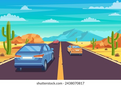 highway road in desert. Sandy desert landscape with road, rocks, car and cactuses. Summer western american landscape. highway in Arizona or Mexico hot sand. Vector illustration in flat style