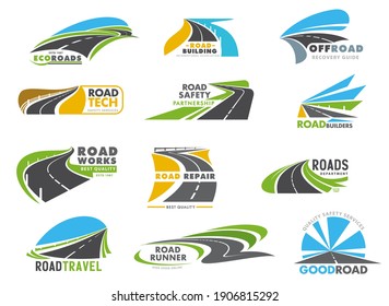 Highway road, driveway and speedway icons set. Road construction, repair works and ravel, freeway safety department and logistics service emblems. Winding roadway, motorway roadside vector