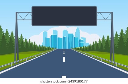 highway road. Empty road with city skyline on horizon and nature landscape. road to city with information dashboard. vector illustration in flat design