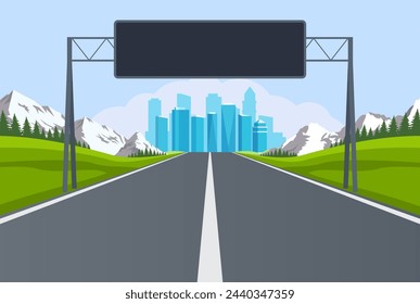 highway road. Empty road with city skyline on horizon and nature landscape. road to city with information dashboard. vector illustration in flat design