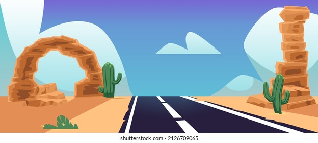 Highway road in empty desert landscape, flat vector illustration. Sandy desert horizontal background with cactuses and rocks. Barren land covered with sand and rocks.