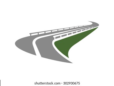 Highway Road Icon With Metal Traffic Barriers Passing On The Edge Of Green Steep Slope Isolated On White Background. For Transportation Design