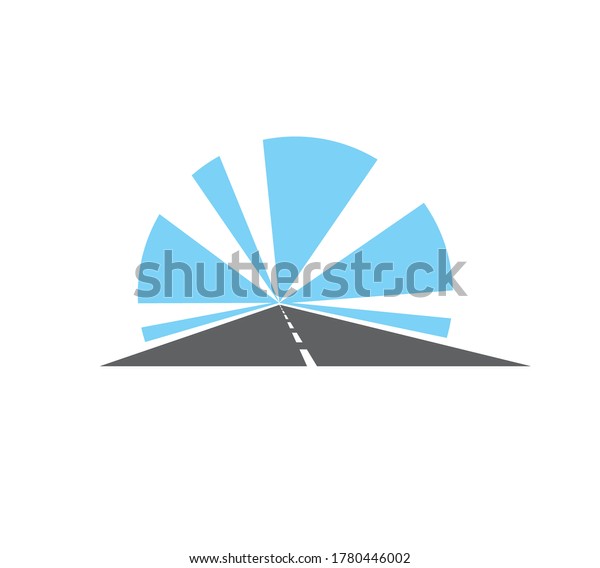 Highway, road isolated pathway vector icon. Two lane\
straight asphalt speedway going into the distance with blue sky.\
Driveway symbol for transport moving, direction, traveling and\
navigation sign
