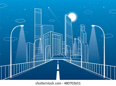 Highway. Road lighting lanterns. Business center, architecture and urban illustration, neon city, white lines composition, skyscrapers and towers, vector design art