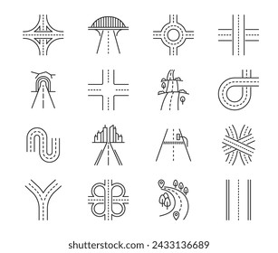 Highway road line icons. Street, traffic, crossroad and tunnel route. Driveway, highway or asphalt path thin line vector symbols or pictograms, freeway crossroad and countryside road outline icons set