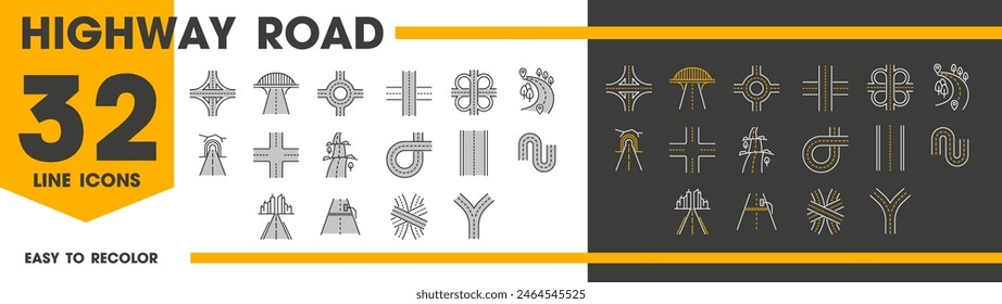 Highway road line icons, street traffic with crossroad and tunnel route, vector symbols. Street transport interchange and highway road intersection icons of traffic lanes and crossroads signs