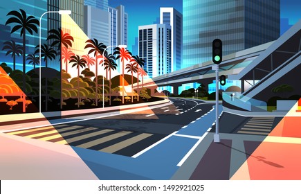 highway road night city street with modern skyscrapers bridge subway railroad urban cityscape background flat horizontal