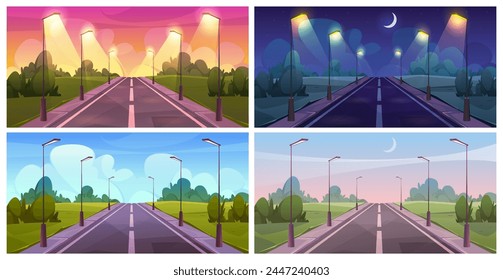 Highway or road with pavement and lanterns during daylight, at night and morning. Vector cartoon street on sunset or sunrise, nighttime with sky with crescent moon and stars. Urban landscape