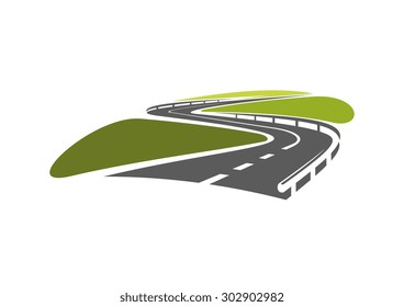 Highway road symbol with hairpin bends and metallic guardrails, for travel or transportation design