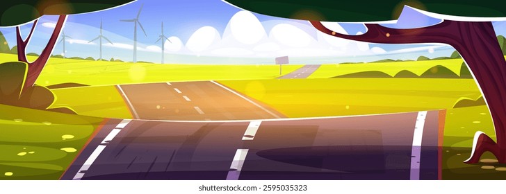 Highway road through bright meadow field with wind turbines and trees. Rural pathway in green landscape under blue cloudy sky. Natural summer or spring countryside scenery with transportation route.