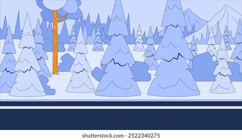 Highway road through snowy woods flat illustration. Mountains snow capped spruces roadside 2D landscape cartoon background. Winter forest evergreens. February wintertime fir trees scene vector image