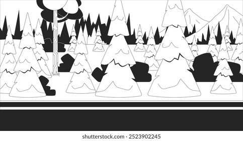 Highway road through snowy woods black and white line illustration. Mountains snow capped spruces roadside 2D landscape monochrome backdrop. Winter forest. Wintertime fir trees scene vector image