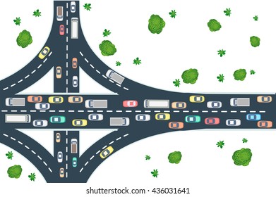 Highway road top view from above with cars, buses and trucks