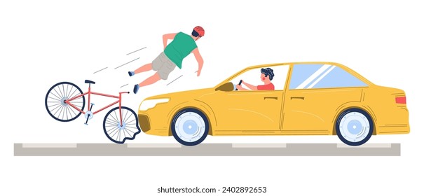 Highway road traffic accident with bicyclist and car driver vector illustration. Automobile collision with bike at crosswalk