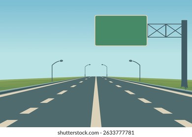 Highway Road Vector Background. Empty Highway Road Vector Illustration with Green Road Sign, Street Lights, Blue Sky. Highway Road Vector for Transportation, Travel, Cityscape, Journey, Poster, Banner