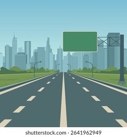Highway Road Vector Background. Empty Highway Road Vector Illustration with Green Road Sign, Street Lights, Blue Sky. Highway Road Vector for Transportation, Travel, Cityscape, Journey, Poster, Banner