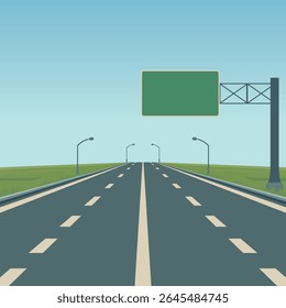 Highway Road Vector Background. Empty Highway Road Vector Illustration with Green Road Sign, Street Lights, Blue Sky. Highway Road Vector for Transportation, Travel, Journey, Poster, Banner