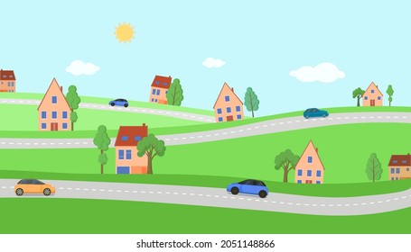 Highway road in village. Cars drive on winding circular roads next to houses green summer landscape with trees and vector grass.