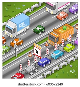 Highway road work ahead (isometric illustration)