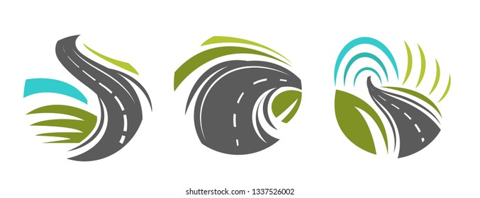 Highway and roads navigation isolated icon roadway or route vector transport business corporate identity direction speedway transportation tourism curve or turn motorway asphalt map segments adventure