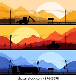 Highway roadway construction site roadwork landscape and heavy duty trucks and tractors detailed silhouettes illustration collection background vector