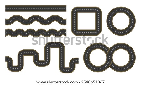 Highway or roadway elements set in top view. Road and highway icons in different shapes. Vector illustration.