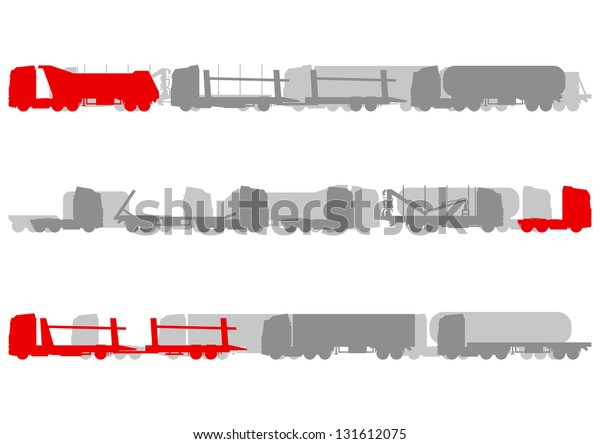 Highway roadway landscape and fast heavy duty\
trucks logistics detailed silhouettes illustration collection\
background vector