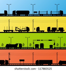 Highway roadway landscape and heavy duty trucks detailed silhouettes illustration collection background vector