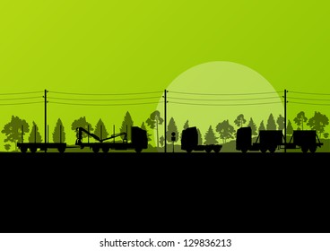 Highway roadway landscape and heavy duty trucks in detailed forest nature background illustration vector