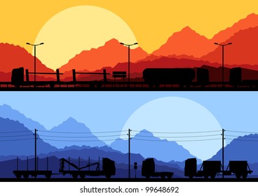 Highway roadway landscape and heavy duty trucks detailed silhouettes illustration collection background vector