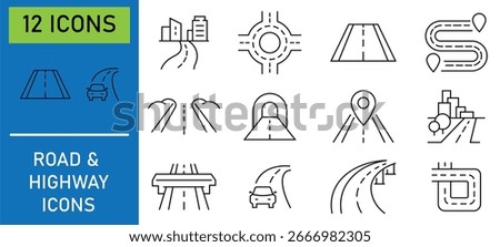 Highway and rode line icon set. Road overpass crossroad roundabout flat circle icon collection. Street and road with footpaths. Highway top view. Circle and curve roadway parts. Vector illustration. 