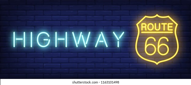 Highway, route sixty six neon text on shield sign. USA history, Will Rogers Highway design. Night bright neon sign, colorful billboard, light banner. Vector illustration in neon style.