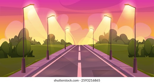 Highway scene with asphalted road, lanterns and trees with bushes. Vector landscape of path with pavement at sunset in evening. Urban scenery with no transport, empty street during summer