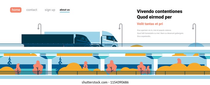 highway semi trucks trailers driving over modern city buildings banner flat copy space vector illustration