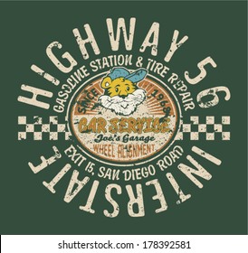 Highway service station. Funny vintage artwork for kids wear in custom colors, grunge effect in separate layer.