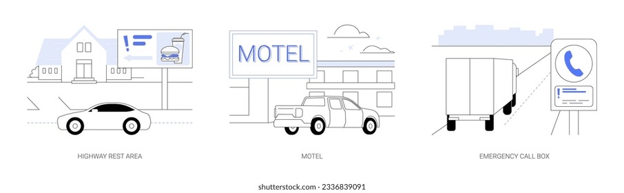 Highway services abstract concept vector illustration set. Highway rest area, roadside motel, emergency call box, cafe for drivers and passengers, motorway facilities abstract metaphor.