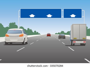 Highway sign and vehicles, vector illustration