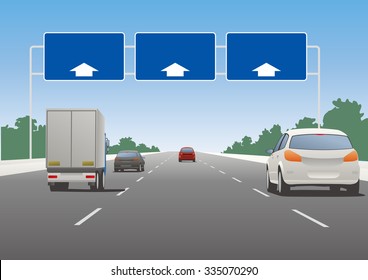 Highway sign and vehicles, vector illustration