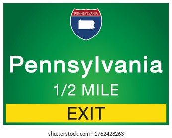 Straßenschilder vor der Ausfahrt zum Bundesstaat Pennsylvania der Vereinigten Staaten auf grünem Hintergrund, Vektorgrafik-Illustration