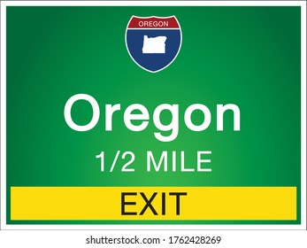Señales de la autopista antes de la salida al estado de Oregón de los Estados Unidos en un fondo verde imágenes de arte vectorial Ilustración