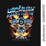 highway slogan with motorcycle engine on fire background vector illustration