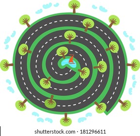 Highway with small lake inside with a boat