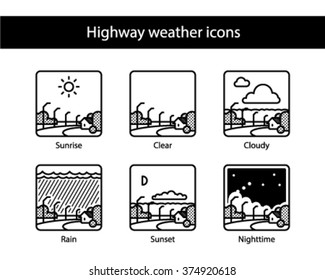 Highway square weather icons, black and white.