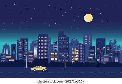 Highway Street in City at Night with Cityscape Building Landscape Flat Design Illustration